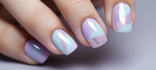 A woman's hand with a purple and blue manicure. A nail polish design. Generative AI.
