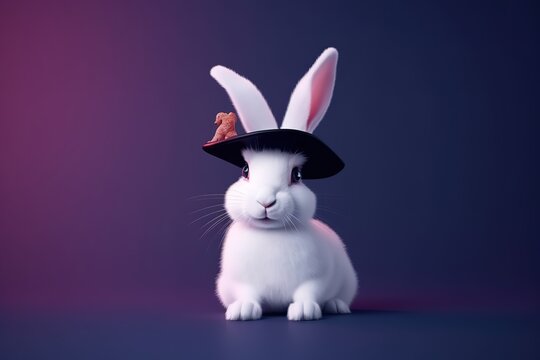 Funny cute bunny appear from magician hat emerges with solid flat background, with copy space area. Generative AI
