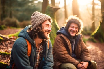 Fototapeta premium Two men standing beside each other smiling in the woods, 