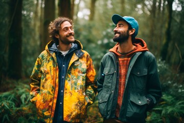 Fototapeta premium Two men standing beside each other smiling in the woods, 