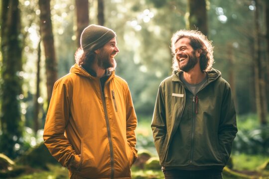 Two men standing beside each other smiling in the woods, 
