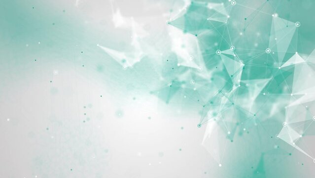 Abstract white background with turquoise nebula and plexus lines with round dots. Chaotic movement of graphic elements. Technological scientific looping animation.