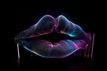 Woman lips with sound wave on black background in neon light. Generative AI - obrazy, fototapety, plakaty