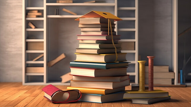 3d illustration of stacked books, a graduation cap and ladders for education day