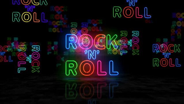 Rock-n-roll neon glowing symbol. Light color bulbs. Rock n Roll music club retro style  abstract concept 3d animation.