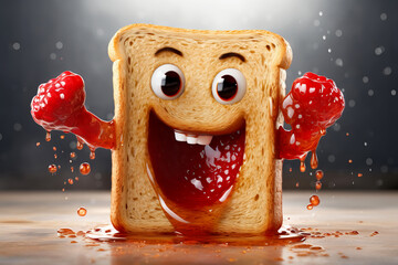 Funny smiling bread toast character with raspberry jam. Healthy breakfast and good morning concept
