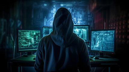 Back view of unrecognizable man in hoodie standing near desk and reading stolen data from computer, monitors in dark room before massive cyber attack on servers generativ ai