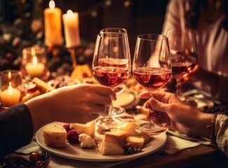 A group of people toasting wine and cheese on a table