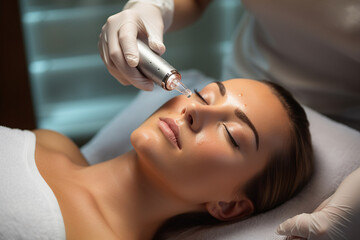 A woman receives laser treatment of the face in a cosmetology clinic