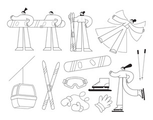 Winter sports equipment outline set. Skiers and snowboards, ski jumping.  People active poses snowboard, ski, gloves, glasses, hat, ski lift, skates. Mountain skiing and skating activity on holidays