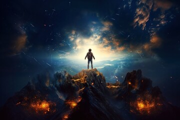 Fototapeta na wymiar A young man standing on top of a burning mountain looking at the sky and talking to God Generative AI Illustration