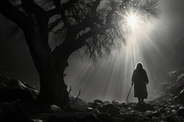 Silhouette of Abraham the father of faith in a nocturnal landscape talking to God next to a big tree Generative AI Illustration