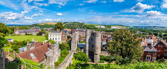 A panorama view east from the upper levels of the castle keep in Lewes, Sussex, UK in summertime - obrazy, fototapety, plakaty