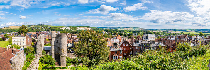A panorama view towards the barbican and town from the upper levels of the castle keep in Lewes, Sussex, UK in summertime © Nicola