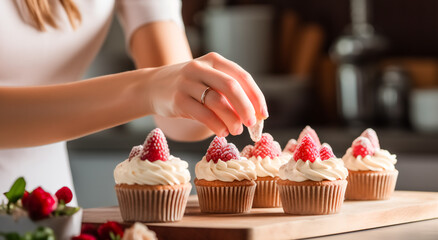 Pastry chef confection muffins with raspberries. Woman decorating cupcakes with fresh berries. Close-up, space for text, digital ai	 - obrazy, fototapety, plakaty