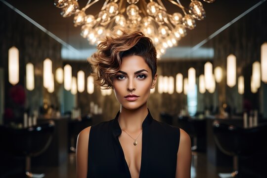 Attractive confident woman with fashion makeup wears stylish clothes on casual dress code