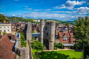 A view towards the barbican and town from the upper levels of the castle keep in Lewes, Sussex, UK in summertime © Nicola