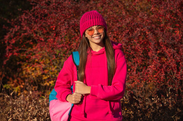 school education. back to school. autumn girl carrying school bag. education for adolescence. teen girl in autumn park outdoor. autumn is a time to study. knowledge and education. school grade