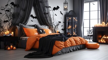 Obraz na płótnie Canvas Modern bedroom in white and black colors, decorated for halloween