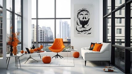 Modern living room interior decorated for halloween, panoramic windows with skyscrapers cityscape