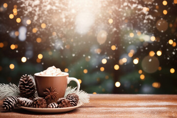Hot Chocolate Cup with Christmas Pine Background With Snowfall - Festive Treat, Generative AI
