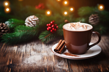 Obraz na płótnie Canvas Hot Chocolate Cup with Christmas Pine Background With Snowfall - Festive Treat, Generative AI