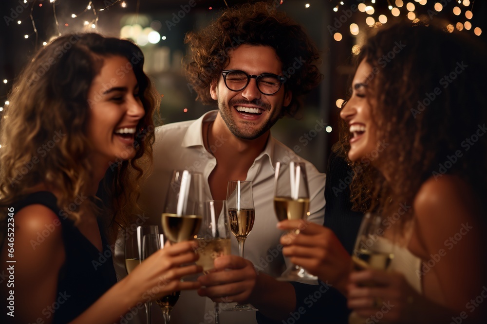 Wall mural a group of cheerful woman in evening dress holding glass with champagne and celebrating an event