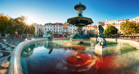 Lisbon - panorama of Rossio square at sunrise, Lisboa - Portugal - obrazy, fototapety, plakaty