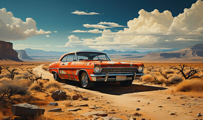 Natural landscape of the valley with a retro car.