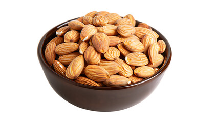 Heap of peeled almonds in a bowl. Isolated on a white background