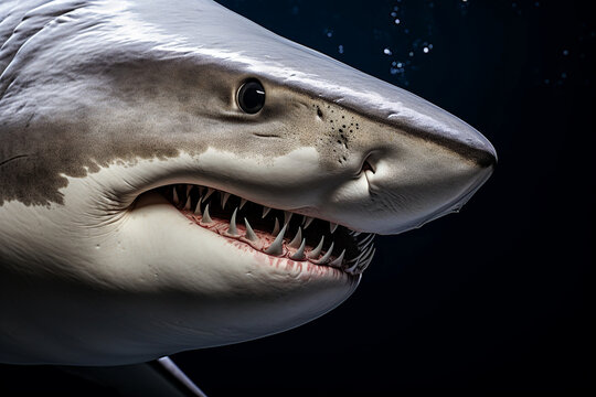 Generative AI illustration of crop dangerous hunting shark with sharp teeth swimming underwater