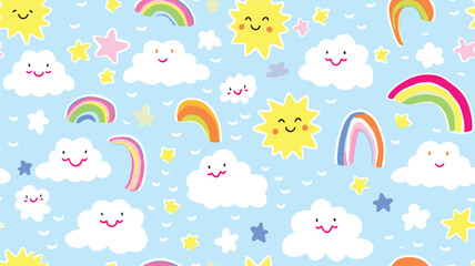Fototapeta na wymiar Colorful funny sky doodle seamless pattern. Cute happy clouds in simple children art style background illustration with sun and rainbow.
