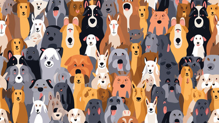 Funny dog animal crowd cartoon seamless pattern in flat illustration style. Cute puppy pet group background, diverse domestic dogs breed wallpaper. - obrazy, fototapety, plakaty
