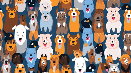 Funny dog animal crowd cartoon seamless pattern in flat illustration style. Cute puppy pet group background, diverse domestic dogs breed wallpaper.