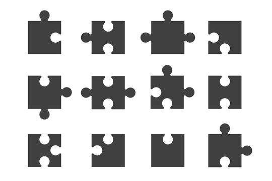 Puzzle pieces black icon set. Variety blank mosaic shapes on isolated background. vector