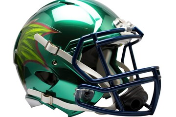 Fototapeta premium Green American football helmet illustration, white background. Generative AI