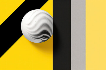 Fototapeta na wymiar A black and white ball is on a yellow and black striped surface