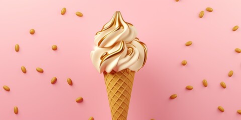 delicious vanilla ice cream with golden liquid on pink background