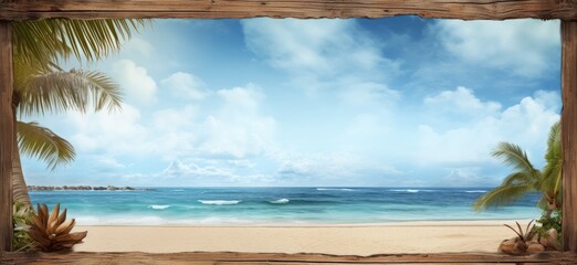 Tropical landscape with wooden sign on the beach, sky and beautiful sea in the background. Generative AI