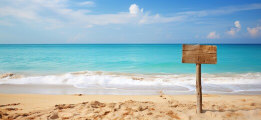 Tropical landscape with wooden sign on the beach, sky and beautiful sea in the background. Generative AI