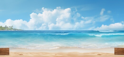 Obraz premium Tropical landscape with wooden sign on the beach, sky and beautiful sea in the background. Generative AI