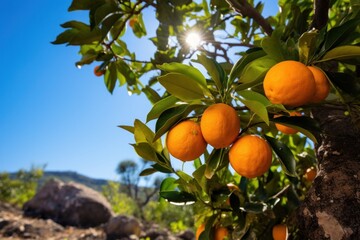 Some oranges are growing on trees