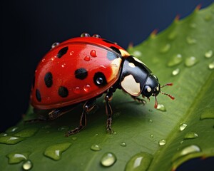 Obraz premium Little ladybug on a leaf with raindrops, insect life. Generative AI