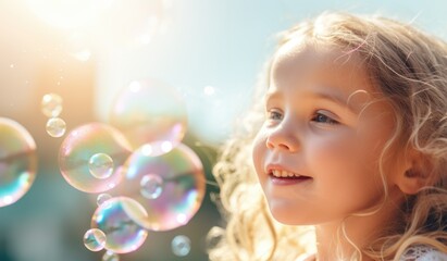 Fototapeta premium Beautiful blonde child girl playing among the soap bubbles. Generative AI