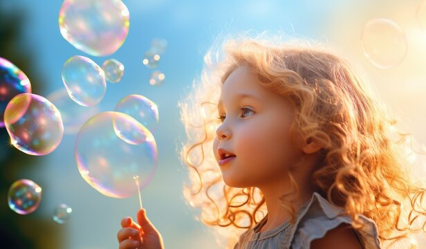 Beautiful blonde child girl playing among the soap bubbles. Generative AI