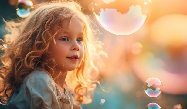 Beautiful blonde child girl playing among the soap bubbles. Generative AI