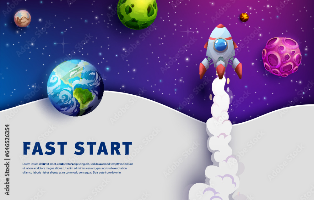 Poster Space landing page. Business fast start. Startup launch social media homepage template, company internet site vector layout or business project website background with cartoon rocket spaceship takeoff
