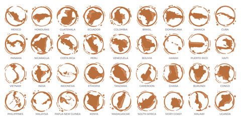 Collection of coffee cup round stains shaped like a coffee origin countries, producers and exporters.