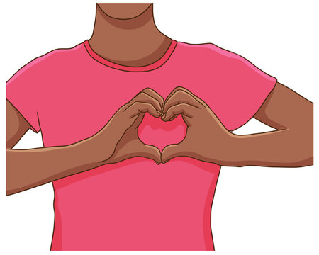 Breast Cancer Awareness Month. Black Woman Wearing Pink T-shirt, Making Heart Sign With Her Hands. Support Or Proud Survivor Concept.