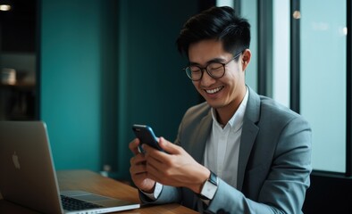 Asian businessman with cell phone in hand and smiling. Generative AI